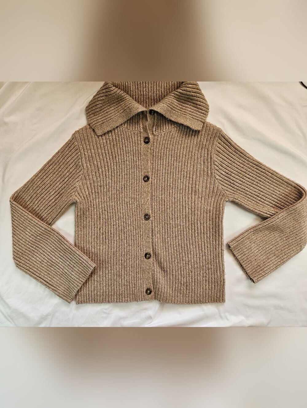 Joie Ribbed Button-Up Cardigan in Taupe